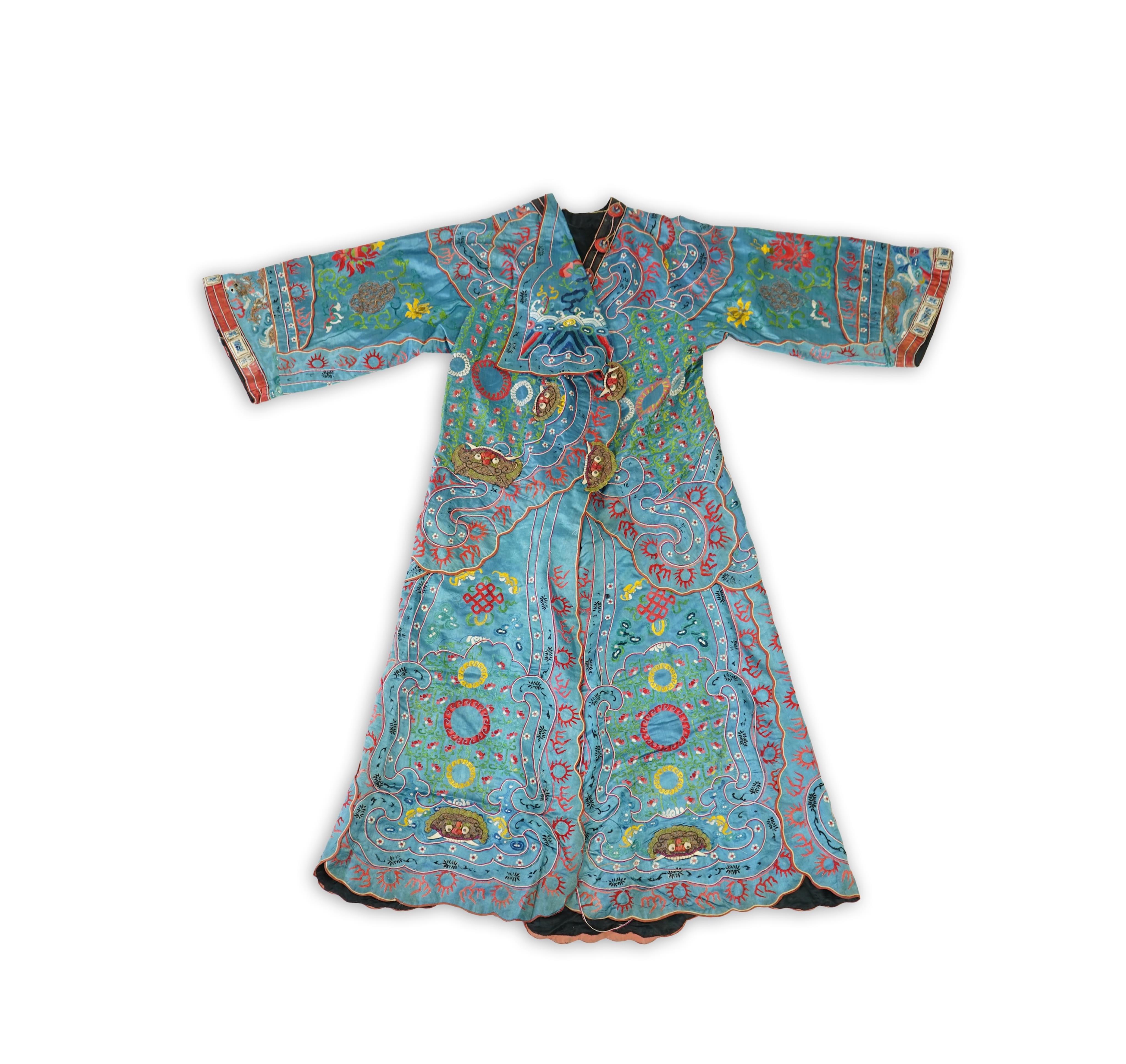 An unusual late 19th early 20th century Chinese silk embroidered robe, made for the tiger role, Jing, who symbolises power, bravery, protection and royalty. A character often used in Chinese opera, theatre and performing